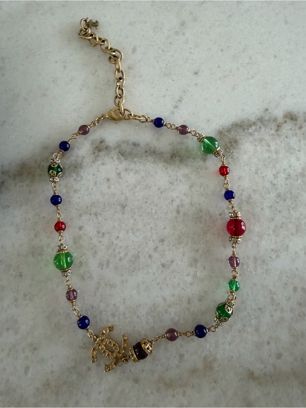 CHANEL Gold-Tone Multicolor Beaded Necklace with Interlocking CC Charm - Picture 6 of 11